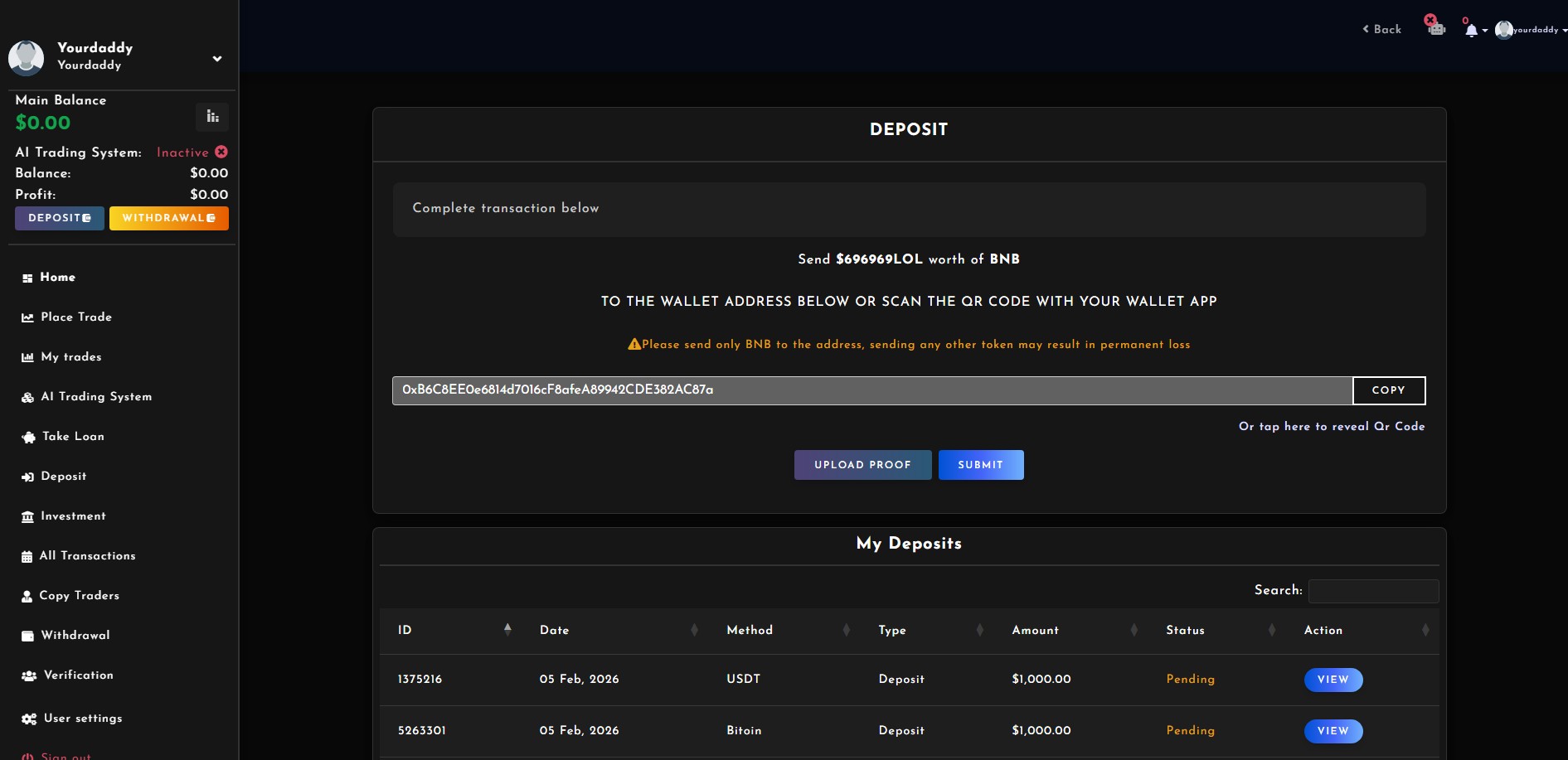 AffluenceAura fake deposit page accepting nonsense values like 696969LOL — clearly not a real financial platform